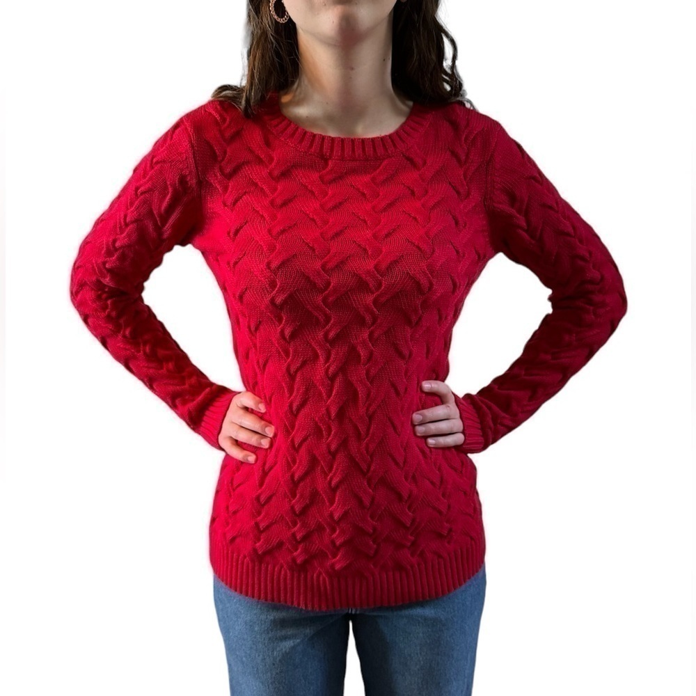 Lands End Cable Knit Sweater 100% Cotton Red Women’s XS - Picture 2 of 12